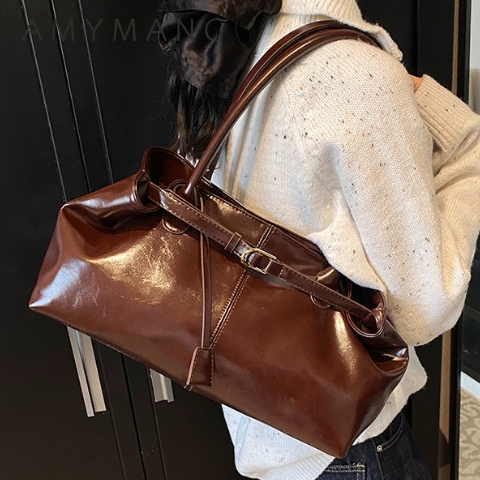 Leather Work Handbags For Women - Winter Oil PU Leather Hobo Handbag