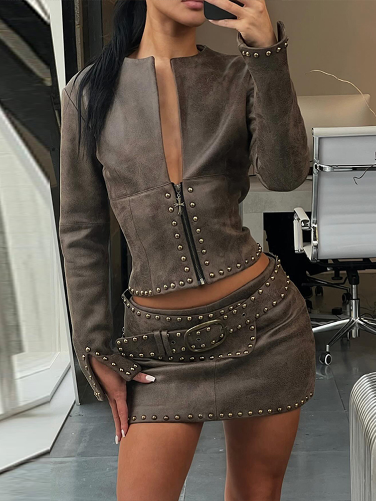 Y2k Leather Skirt Set Women Ri – Leatherwork Belt Bewertung und Preis
